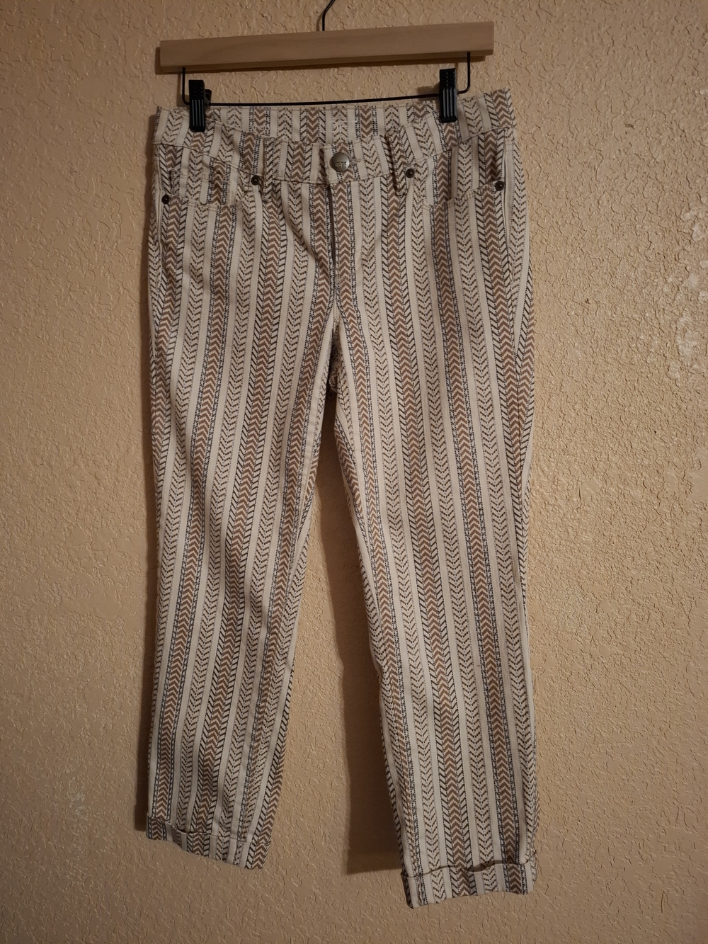 LOFT Cream and Brown Striped Straight-Leg Jeans